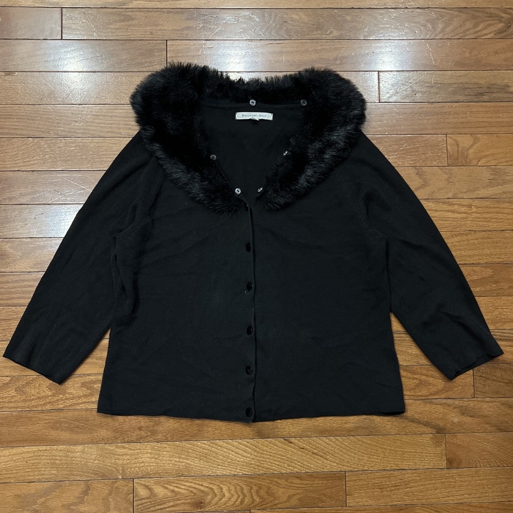 Ballinger Gold Black Cardigan Sweater Medium Faux Fur Collar Holiday Y2K